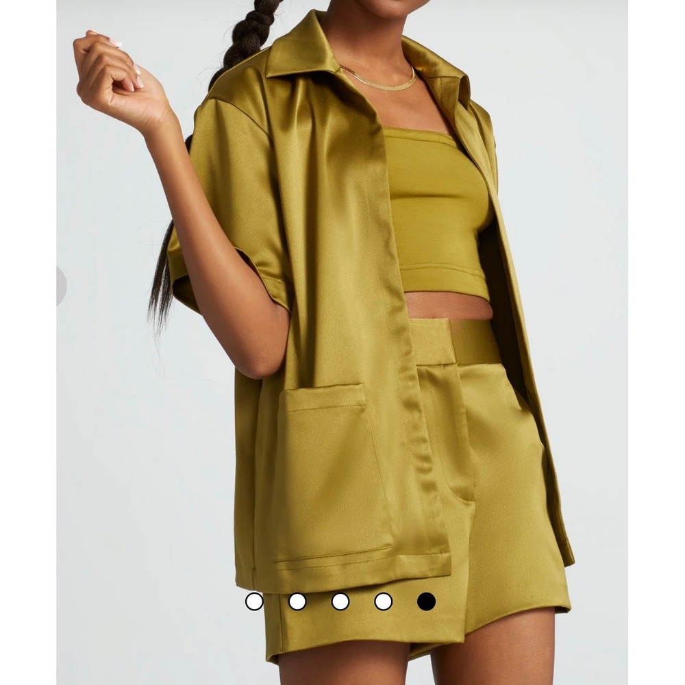 Gabrielle Union Olive Green *SET* Satin Shirt Shorts Size Large (Medium top)